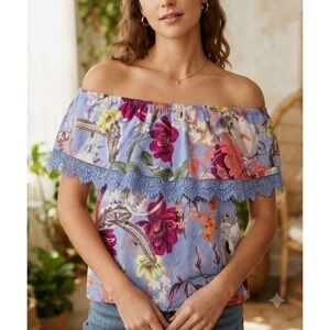 Cupio Women Off Shoulder Top Blouse Size S Blue Floral Crochet Linen Blend Boho